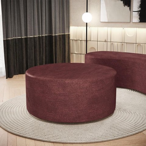 Puff Redondo Orgânico para Living 90cm Lola W01 Linho Bordô - Lyam Decor