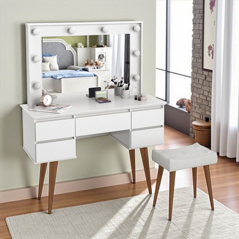Penteadeira Camarim Strass Retro Mdf/mdp + Banqueta 5 Gavetas -espelho -tomada- Branco -patrimar