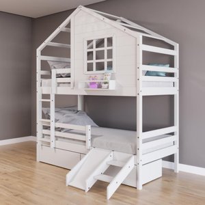 Beliche Casinha com Janela com 02 Gavetas Kit Escada/escorregador e Grade de Proteção Madeira Maci