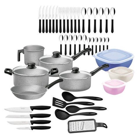 Kit Tramontina 47 Pçs para Cozinha com Panelas Antiaderentes Talheres Faca Potes e Utensílios