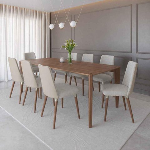 Conjunto de Jantar Mesa Harmony 8 Cadeiras Giratórias Dakota - Bouclé 03 Bege c/ PU Off White