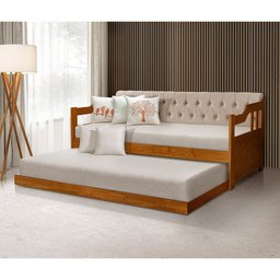Sofá Cama Dublin Estofado Capitonê Veludo Bege Madeira com Cama Auxiliar - Castanho - 1