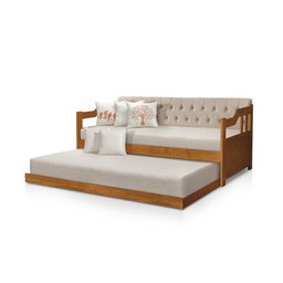 Sofá Cama Dublin Estofado Capitonê Veludo Bege Madeira com Cama Auxiliar - Castanho - 4