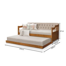 Sofá Cama Dublin Estofado Capitonê Veludo Bege Madeira com Cama Auxiliar - Castanho - 5