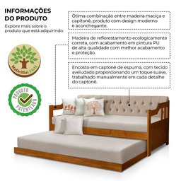 Sofá Cama Dublin Estofado Capitonê Veludo Bege Madeira com Cama Auxiliar - Castanho - 3
