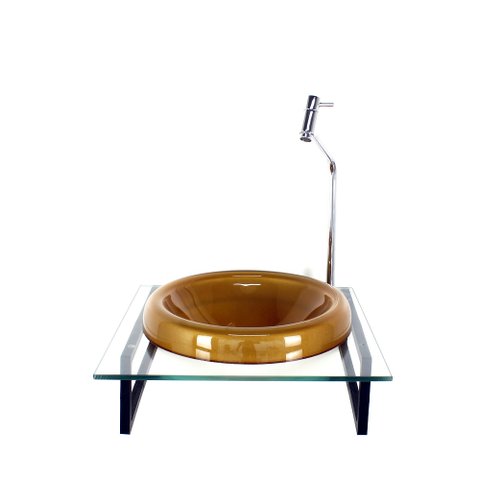 GABINETE COM CUBA DE VIDRO CHAPEU 10MM DOURADO REAL COM TAMPO 40CM INCOLOR