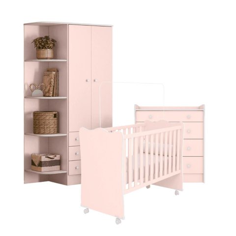 Conjunto Infantil Doce Sonho Rosa: Berço Doce Sonho + Kit Rodízios + Cômoda Doce Sonho + Guarda-