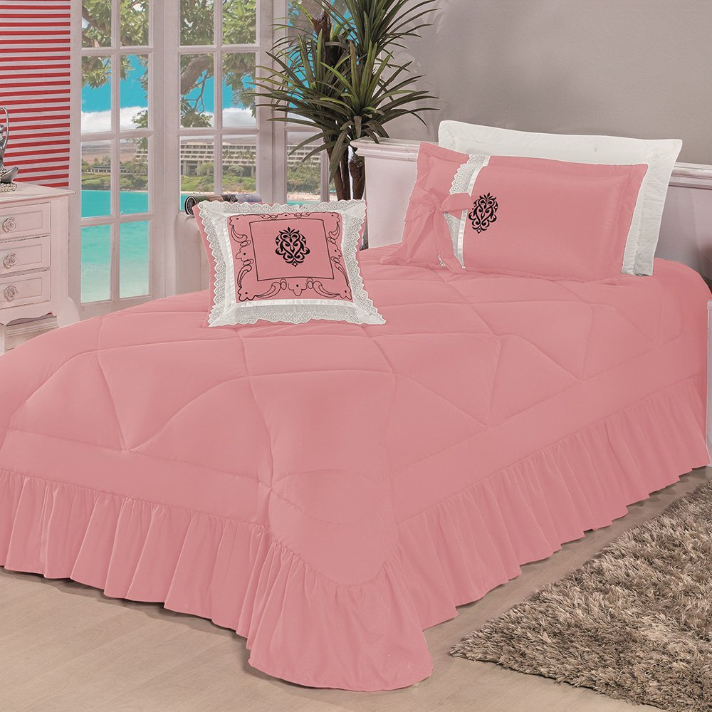Kit Cobre Leito Solteiro Esplendore Bordado 4 Pçs Colcha Rosa ...
