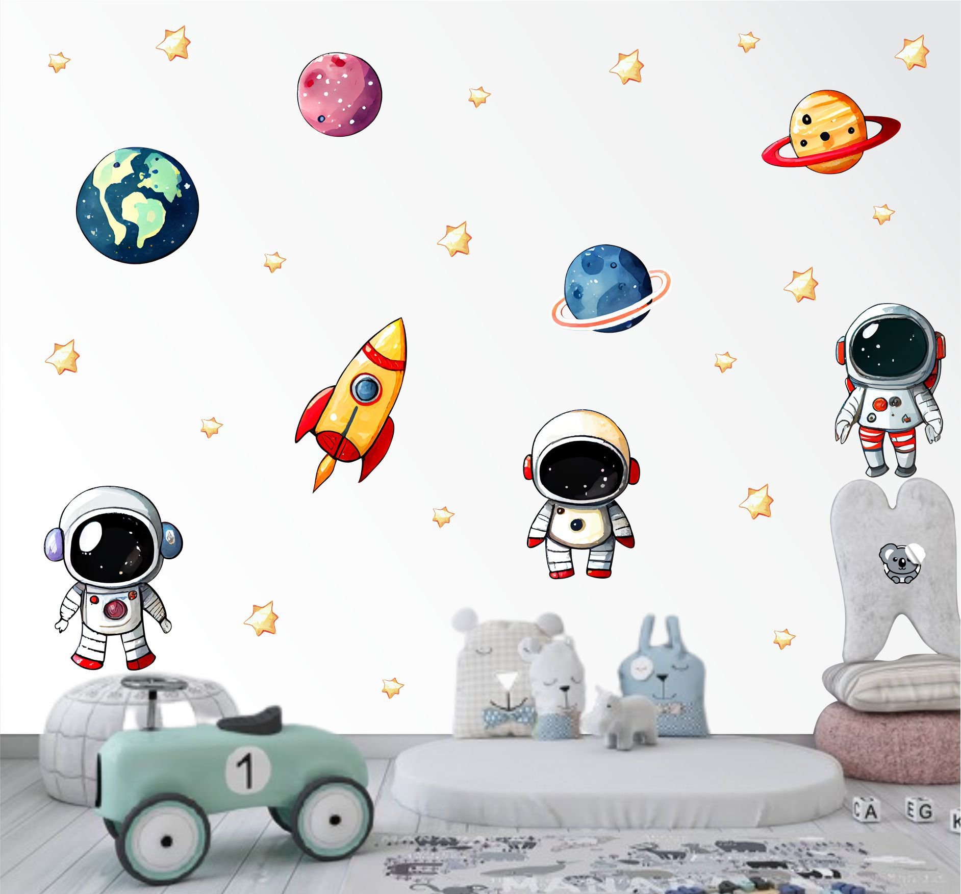 Adesivo de Parede Infantil Astronautas e Foguetes Aquarela