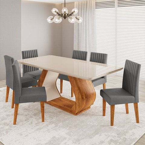 Conjunto Sala de Jantar 6 Lugares Retangular Tampo de Vidro e MDF Ricca Yescasa Cinza/Mel/Off White
