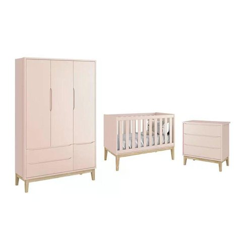 Dormitório Classic 3 Portas e Cômoda 3 Gavetas Rosa com Pés Madeira Natural - Reller Móveis Rosa
