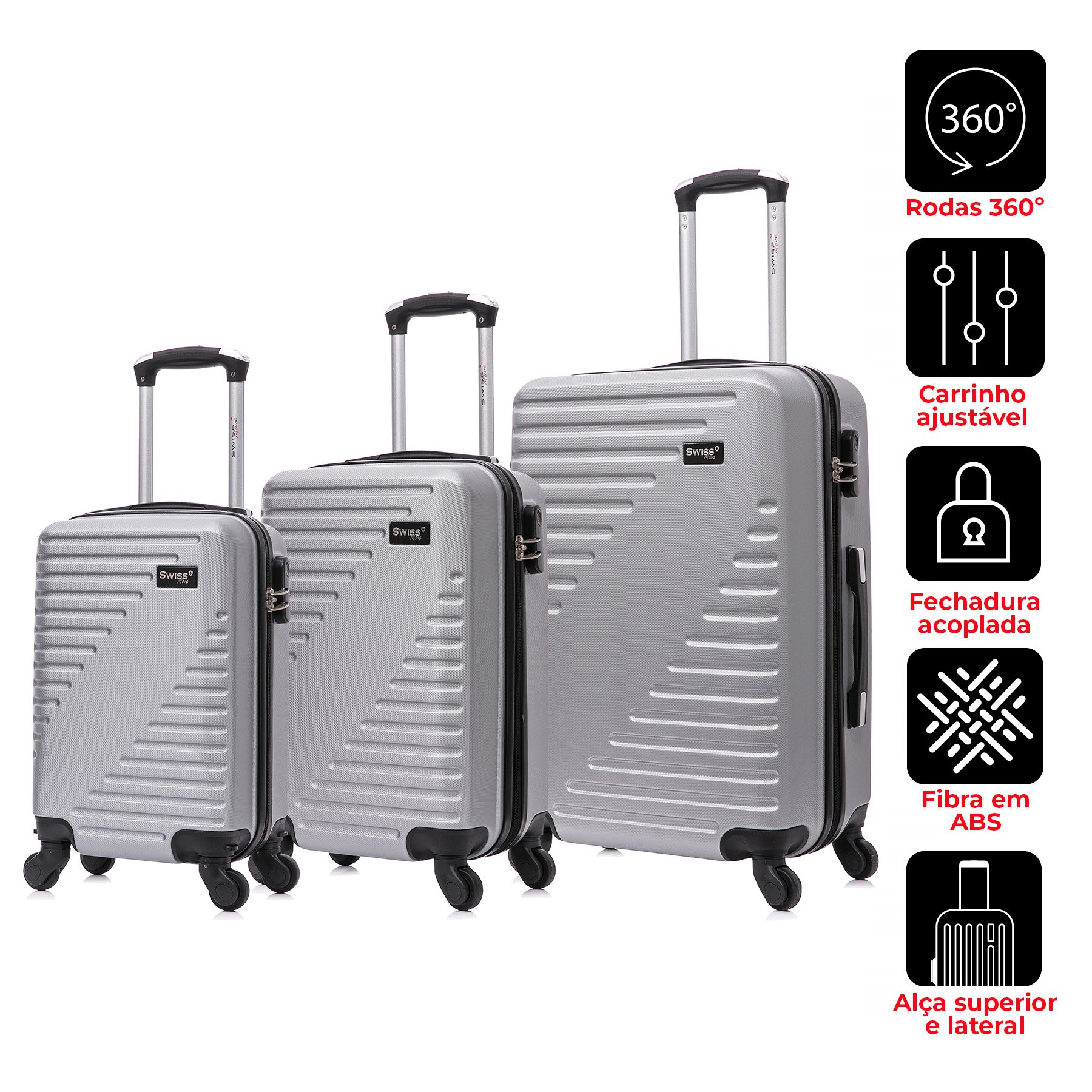 Kit Mala de Viagem Prata Pp P M 360 Chicago Swiss Move - 2