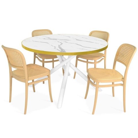 Conjunto Mesa de Jantar Solaris 4 Lugares Tampo de Vidro Marmorizado Branco 120cm Magazine Decor