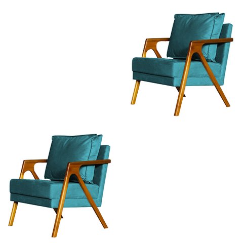 Kit 2 Poltronas Cadeira Mona Luxo Recepção - Suede Azul Turquesa