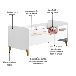 Cama Infantil Mini Cama Cecília Montessoriana Pes de Madeira com Colchão Incluso:branco - 4