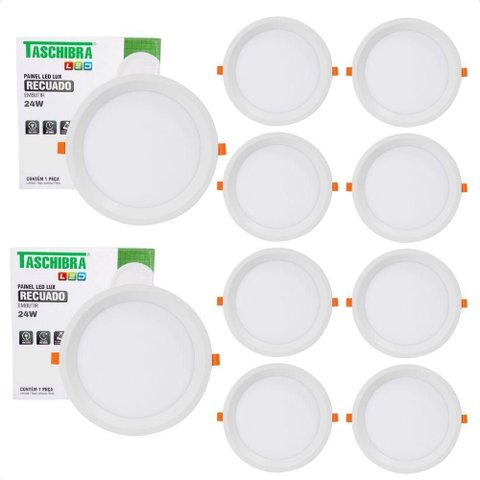 Kit 10 Painel de Led Redondo Embutir Recuado 24w Bivolt Taschibra 6500k Frio