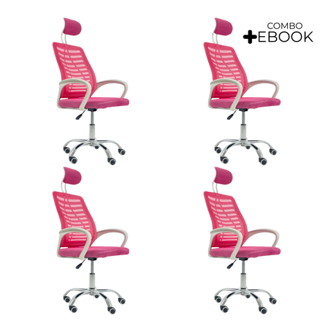 Kit 4 Cadeiras Escritório Diretor Tela Mesh com Encosto de Cabeça Rosa + E-book