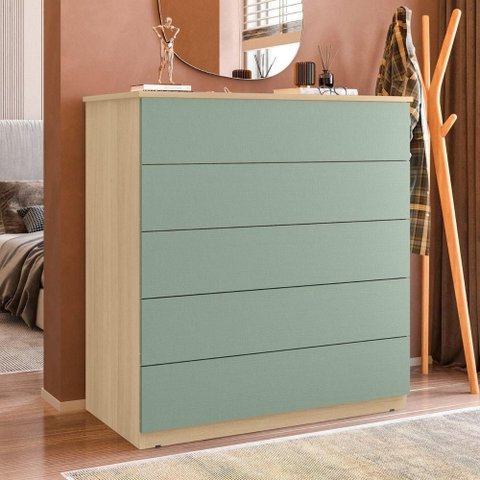 Comoda Quarto 5 Gavetas Compacta Amendoa Verde MDP Corredica Telescopica Dkadidecor