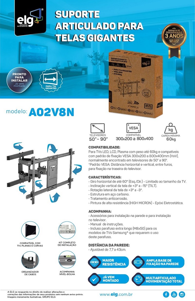 Suporte Tv 50 55 60 65 70 75 80 85 90 Polegadas Articulado Tri Articulado Móvel Retratil - 4