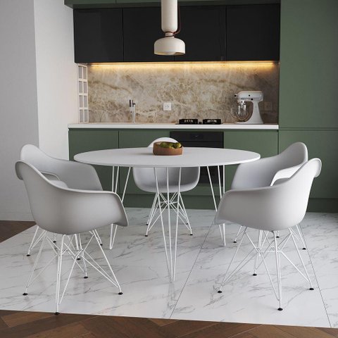Mesa Jantar Redonda 110cm Branca Clips 3 Pés com 5 Poltronas Brancas Ferro Branco Marrom