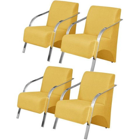 Kit 4 Poltronas Braço Pé Alumínio Sala Tv Suede Amarelo