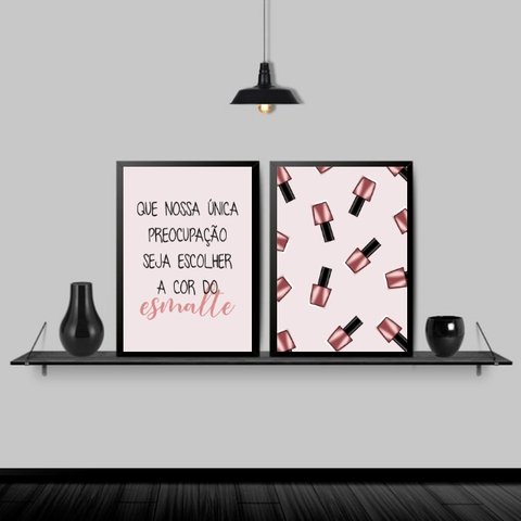 Kit 2 Quadros Para Salão Frase Esmalte 24x18cm:Madeira branca