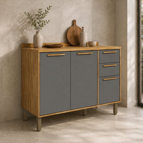 Balcão de Cozinha 3 Portas Tampo 100% MDF 120cm Malta Cinza/Amêndoa/Platina Espresso Móveis