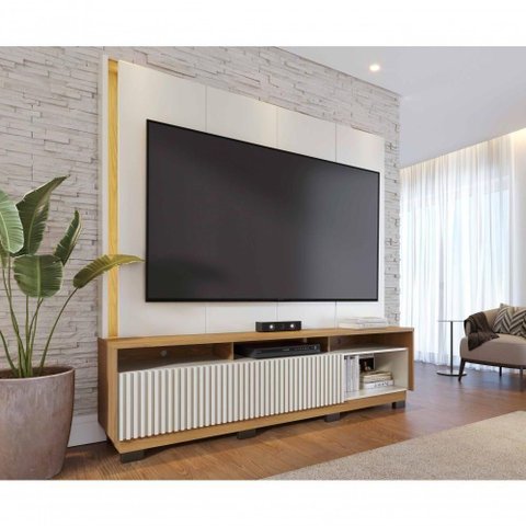 Home Theater Jordão para TV 75" 200cm MDF-MDP com LED Off White Matte-Freijó Colibri Móveis