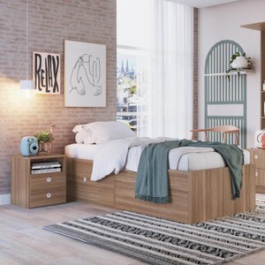Quarto Juvenil com Cama, Guarda Roupas e Mesa de Cabeceira 80 Tókio Montana