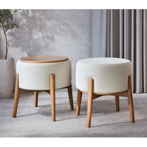 Puff Dual em Mdf Premium 1 Unidade Móvel Sofisticado Tecido Linho:palha