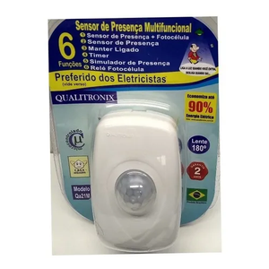 Sensor De Presenca Microcontrolado, Lente de 180 graus, Com Fotocelula, 6 Funções - Sobrepor Parede