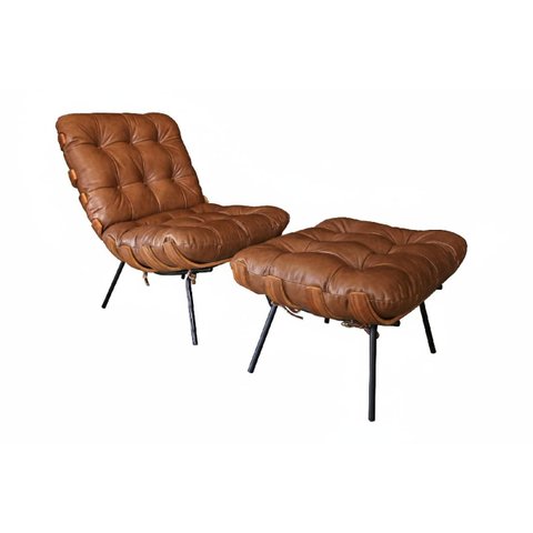 Poltrona Costela com Puff Couro:conhaque