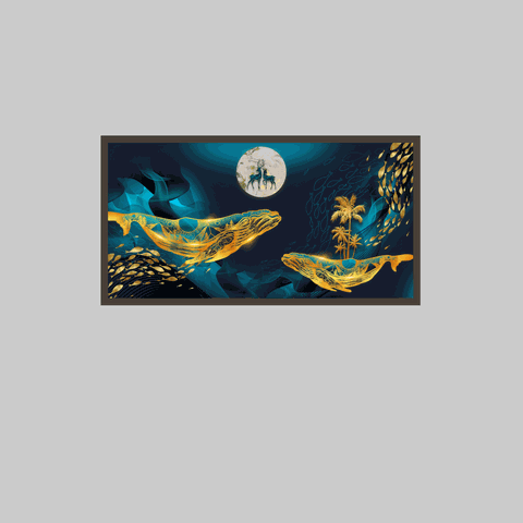 Quadro Decorativo Grande Para Sala Quarto Baleia Dourada:Madeira