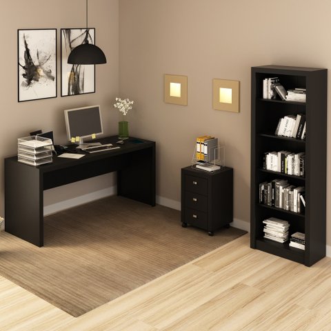 Conjunto Home Office 3 Peças com 1 Mesa, 1 Gaveteiro e 1 Estante para Livros Preto - Pnr Móveis