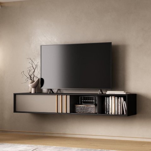 Rack Suspenso Linea para TV 160cm MDP Laqueado Preto e Avelã Móveis Carraro