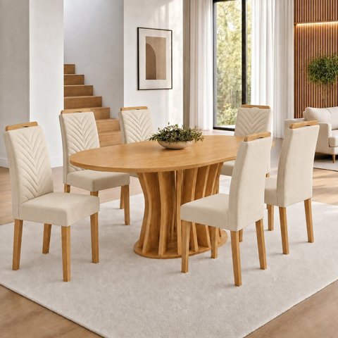 Conjunto de Mesa de Jantar 6 Lugares Orgânica MDF 180x90cm Cinamomo e Bege