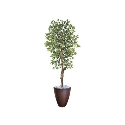 Planta Artificial Ficus Verde Creme 2,10m kit + Vaso Redondo Marrom 40cm