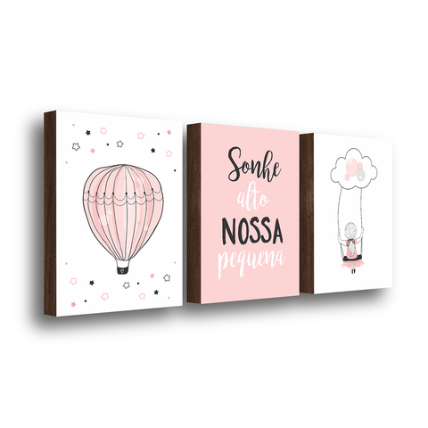 Kit 3 Quadros Decorativos Sonhe Alto Menina 30x40 MDF
