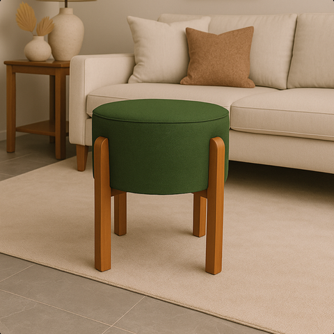 Puff Zoe Redondo Base Madeira Linho Verde