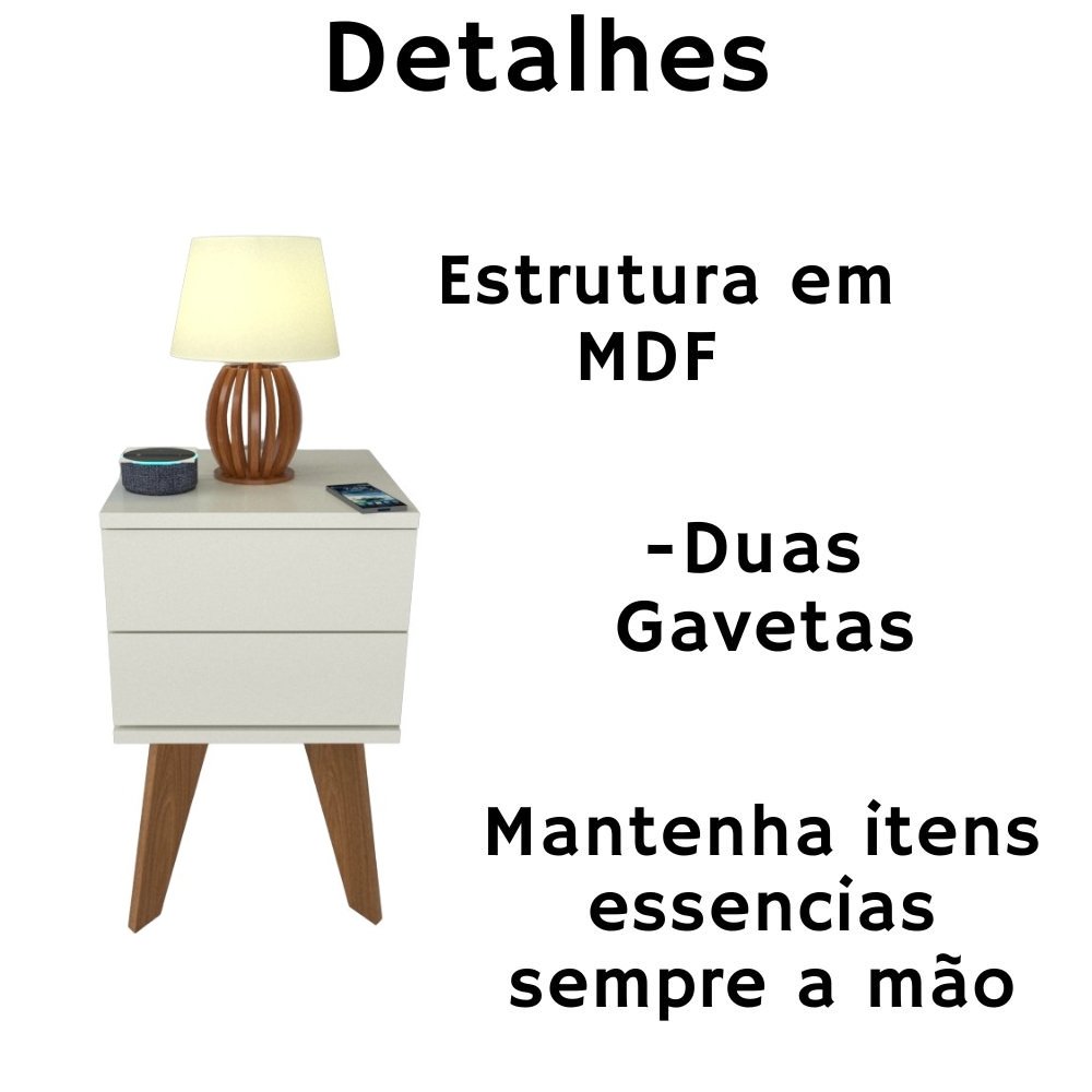 Mesa de Cabeceira 2 Gavetas 30 Cm Mdf Branco com Pés Fj Decor Retrô - 3