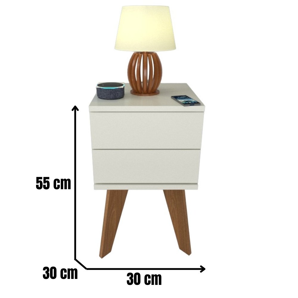 Mesa de Cabeceira 2 Gavetas 30 Cm Mdf Branco com Pés Fj Decor Retrô - 2