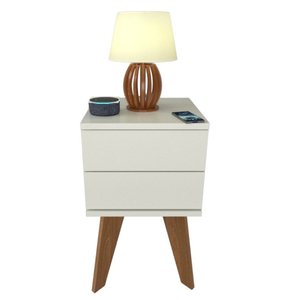 Mesa de Cabeceira 2 Gavetas 30 Cm Mdf Branco com Pés Fj Decor Retrô
