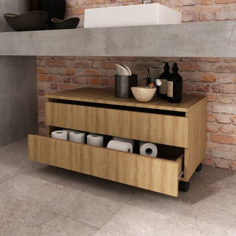 Balcão Gabinete para Banheiro sem Cuba 80cm com Rodízio e Gaveta Bn3603 Tecno Mobili - Amêndoa