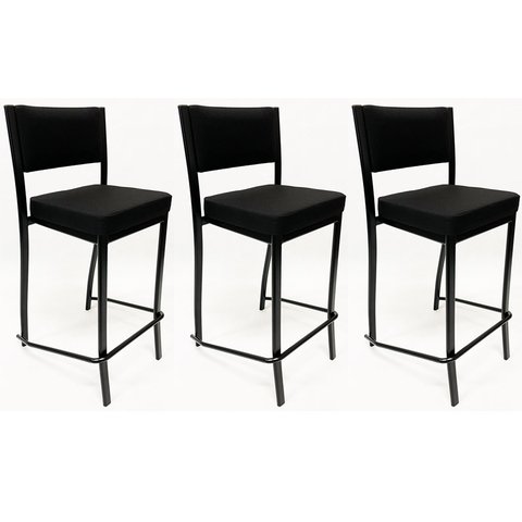 Kit 3 Banquetas alta para cozinha Empilhável preta assento e encosto estofados em linho cor preto