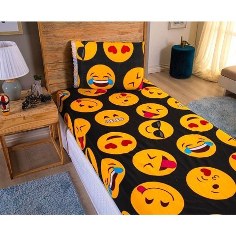 Jogo de Lençol Solteiro Kit 2 Peças Microfibra 170 Fios com Elástico Estampas Emoji Oem