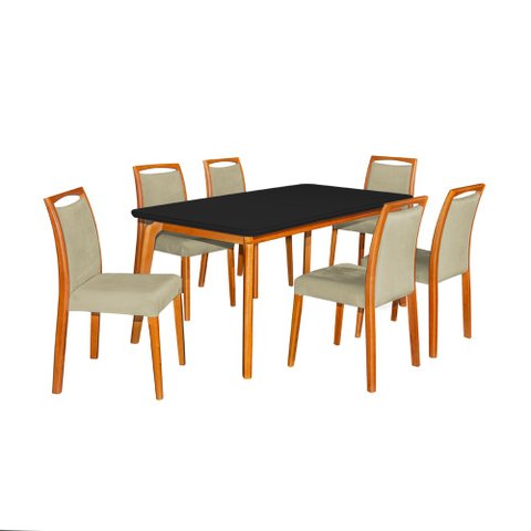 Mesa Jantar Luxo Jade 160x90cm Preto com 6 Cadeiras Estofadas Veludo Bege Base Madeira Maciça Mel