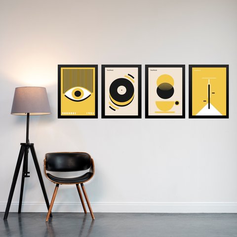 Kit 4 Quadros Artes Bauhaus Amarelo e Preto 45x34cm - com Vidro:moldura Branca