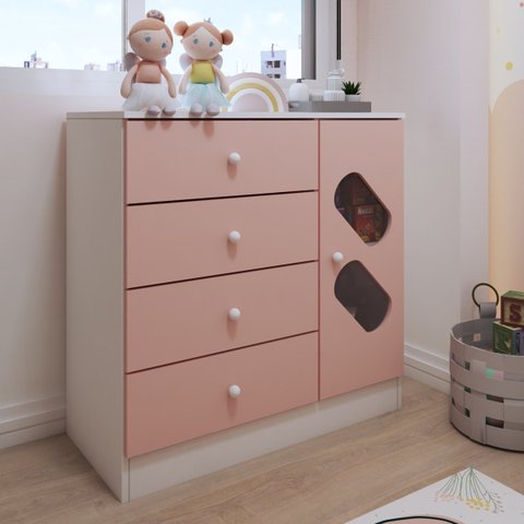 Cômoda Infantil Escotilha 1 Porta 4 Gavetas Branco/rosa - Panorama Móveis