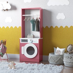 Lavanderia Mini Maquina de Lavar Infantil Brinquedo com Cabideiro Diana - Branco com Rosa