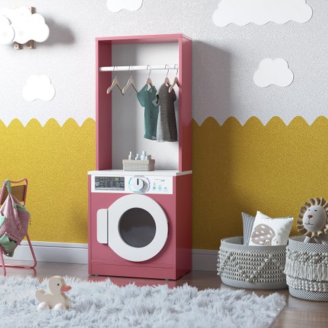 Lavanderia Mini Maquina de Lavar Infantil Brinquedo com Cabideiro Diana - Branco com Rosa